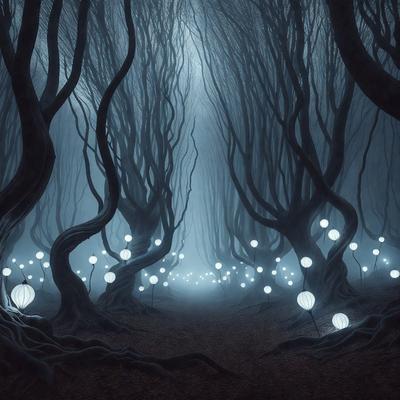 The primary subject of the image is a forest with a pathway through it. The setting is a dark, foggy forest with a blueish hue. The visual style is a digital art or illustration, creating a surreal and mysterious atmosphere. The colors and mood are predominantly dark and moody, with the blueish hue adding a sense of mystery to the scene.